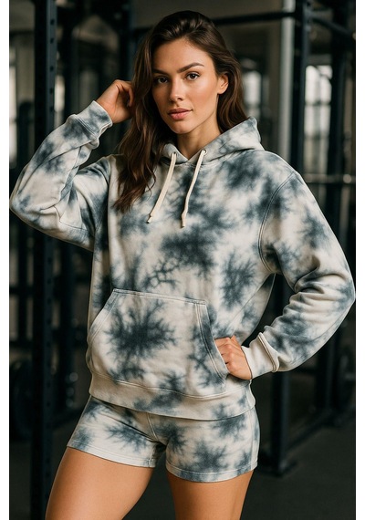 Kadın Batik Desen Renkli Oversize Relaxed Uzun Kollu Kapüşonlu Sweatshirt Çok Renkli