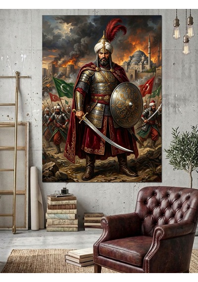 Fatih Sultan Mehmet Ve Sancaklı Ve Zırhlı Savaşçı Dekoratif Kanvas - Mdf Ahşap Tablo Çok Renkli