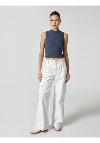 Koton Crop Dik Yaka Atlet Slim Fit Viskoz Kumaş Karışımlı Mavi 4sal30046ık 4SAL30046IK624 Mavi