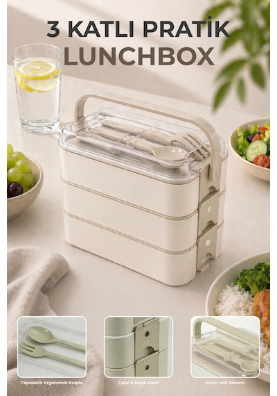 3 Katlı Bölmeli Lunchbox - Kilitli - Taşıma Saplı - Kaşık & Çatal Dahil Bej