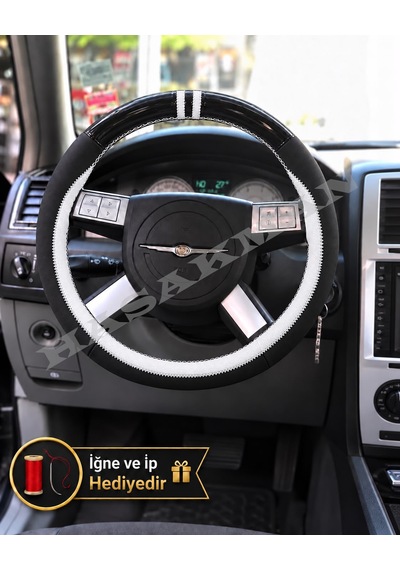 Chrysler 300 Dikme Direksiyon Kılıfı Parlak Siyah Beyaz Detaylı Beyaz Çift Yüzük Ve Dikiş 2004-2010