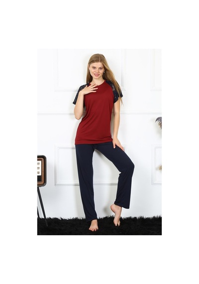 Akbeniz Kadın Kolu Dantelli Penye Pijama Takım 4149 - L Bordo