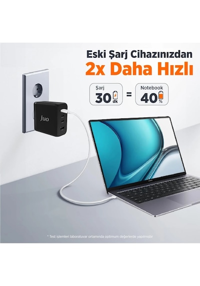 Juo 100W 4 Portlu USB-C + USB-A GaN Şarj Aleti iPhone & Apple Uyumlu MacBook & Notebook PD Type-C Hızlı Şarj Cihazı Siyah