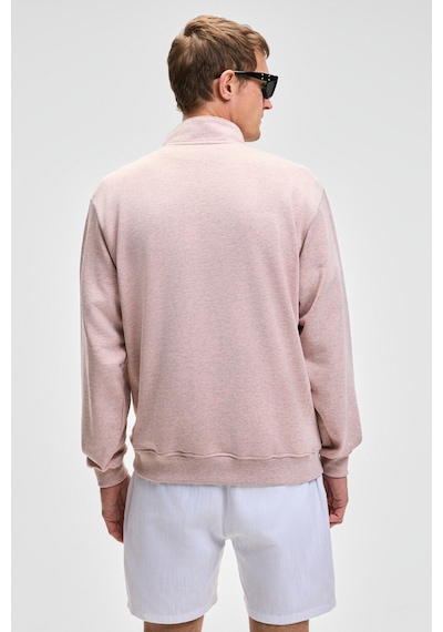 Grımelange NESTOR Erkek Relaxed Fit Dik Yakalı Yarım Fermuarlı Uzun Kollu Pembe Melanj Sweatshirt