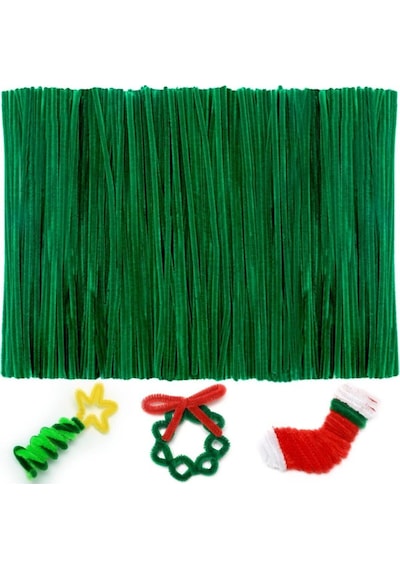 50'li Koyu Yeşil Renkli Şönil, Eğitici Şönil Seti, Tüylü Tel, 30 Cm, Peluş Tel