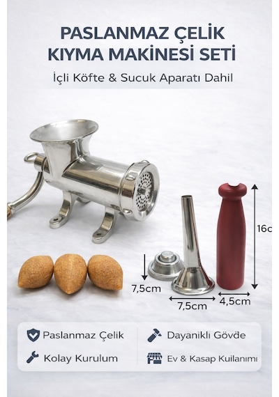 4'lü 12'lik Paslanmaz Çelik Kıyma Makinesi Full Set Kollu Tokmak, İçli Köfte, Sucuk Aparatı