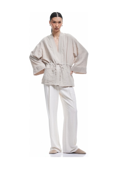 Koton Uzun Kollu Cepli Beli Bağcık Detaylı Kruvaze Kimono Vizon 5sak50021pw Vizon