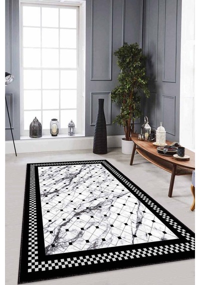 Siyah Beyaz Geometrik Kaymaz Tabanlı Dekoratif Halı Rv147n11 Siyah - Beyaz