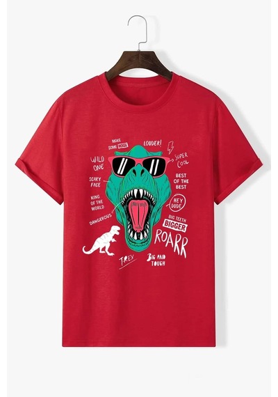Unisex T - Rex Baskılı T-shirt Kırmızı