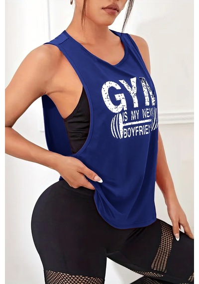 Ghassy Co. Kadın Gym Baskılı Nefes Alabilen Fitness Yoga Koşu Kolsuz Spor Atlet Lacıvert
