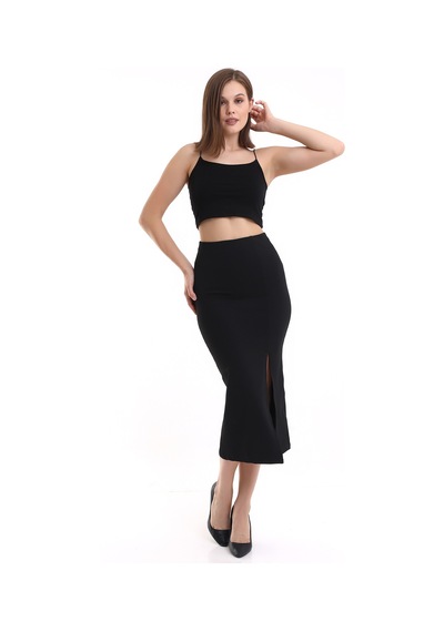 Winmoda34 Kadın Siyah Renk Dalgıç Kumaş Yandan Derin Yırtmaçlı Etek Siyah