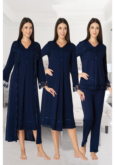 Effort Pijama Zerre Bebe Kadın Lacivert Hamile Lohusa Uzun Kollu 4'lü Set 2426 Lacivert