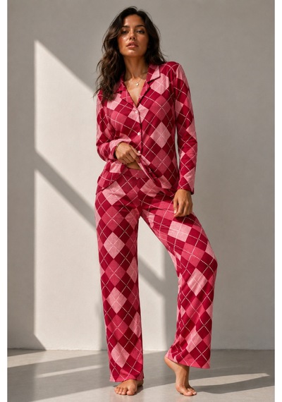 Kadın Uzun Kol Pamuklu Kırmızı Pijama Takımı