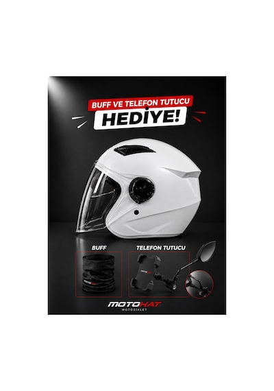 Güneş Vizörlü Kask - Telefon Tutucu Ve Buff  Beyaz