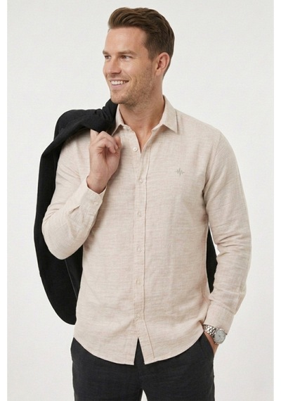 Rizzup Bej Slim Fit Çizgili %100 Pamuk Erkek Gömlek Nefes Alan Şık Günlük Gömlek 2602626