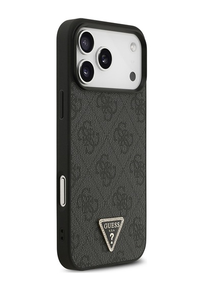 Apple iPhone Uyumlu 18 Pro Max Kılıf Guess Lisanslı Pu Deri Taşlı Üçgen Logo 4g Desenli Strass Kapak Siyah