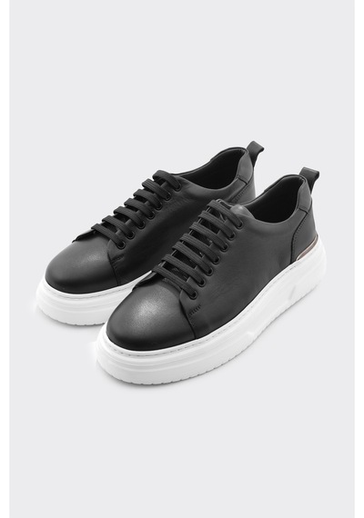 Derinet Hakiki Deri Bağcıklı Yüksek Taban Erkek Sneaker Siyah Beyaz Siyah Beyaz