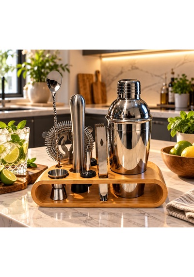 10 Parça Bambu Standlı Kokteyl Shaker Seti 750 Ml
