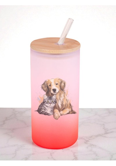 Kedi Köpek Aşkı Baskılı 600 Ml Cam Matara- Su Matarası, Suluk Matara, Cam Pipetli Matara Kırmızı