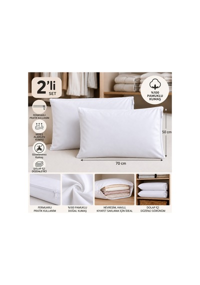 Derin %100 Pamuklu, Nefes Alabilen, Fermuarlı Tekstil Saklama Hurcu/ Yastık Kılıfı/dolgusuz 50 70 Cm Beyaz