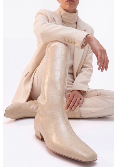 Luvi Shoes Lyrıc Bej Baskı Kadın Kalın Topuklu Çizme