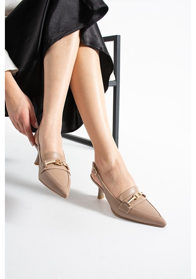Dericia Shoes Infinity Hakiki Deri Kadın İnce Topuklu Arka Açık Ayakkabı Bej