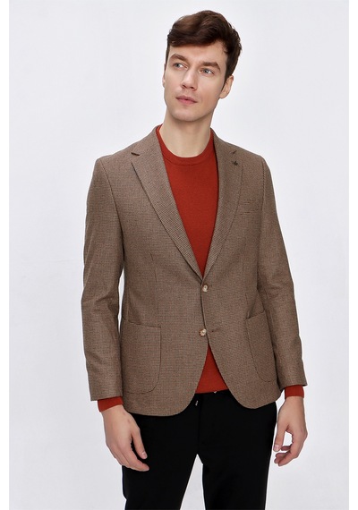 MORVEN  Erkek Kahverengi Yünlü Pitikareli Dokuma Slim Fit Dar Kes Kahverengi