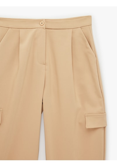 Koton Gabardin Barrel Pantolon Kargo Cepli Yüksek Bel Bol Kesim Bej 7wkg40089aw Ekru