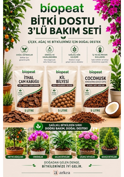 3'lü Bitki Bakım Seti 15 Lt İthal Çam Kabuğu + Kil Bilyesi + Cocopeat Orkide, Saksı Ve Bahçe Bitkileri İçin 1000