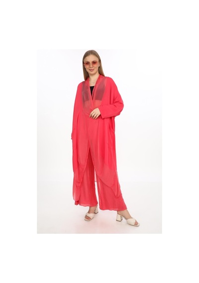 Bohem Stil Italyan Ipek Detaylı Oversize Kap Bluz- Wes Pantolon Takım-8863 Mercan Pembe