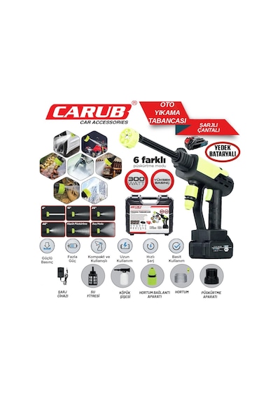 Carub Oto Yıkama Tabanca 6 Mod Şarjlı 300w Yedek Batarya + Çantalı