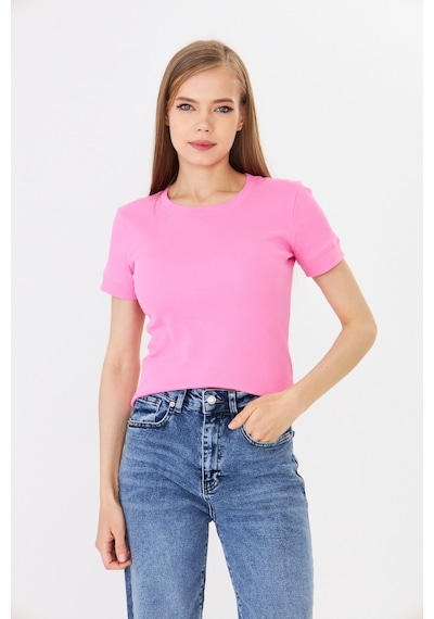 Hdm Kadın Pembe Kısa Kollu Basic Bisiklet Yaka Tişört - H6037
