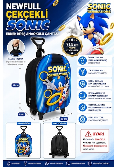 Newfull Çekçekli Sonic Erkek Anaokul Sırt Çantası-mavi Siyah