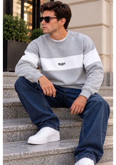 Tarz Cool Erkek Şerit Detaylı Believe Baskılı 3 İplik Şardonlu Bisiklet Yaka Sweatshirt Gri