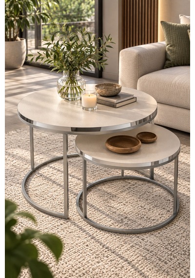 Sulorahome Gümüş Metal Ayaklı Krem 2'li Yuvarlak Orta Sehpa Seti