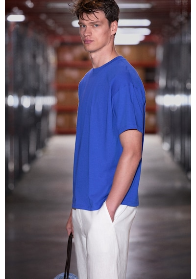 Grımelange Jett Erkek Oversize Fit %100 Organik Pamuk Kalın Dokulu Bisiklet Yakalı Koyu Mavi T-shirt