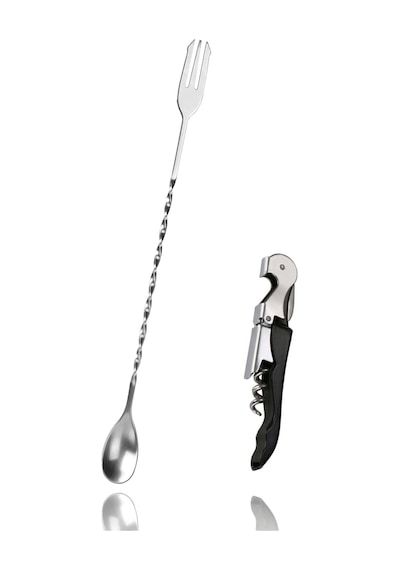 Burgulu Çatallı Bar Kaşığı 33 Cm Kokteyl Karıştırma Kaşığı & Çok Fonksiyonlu Açacak Tirbuşon Gümüş