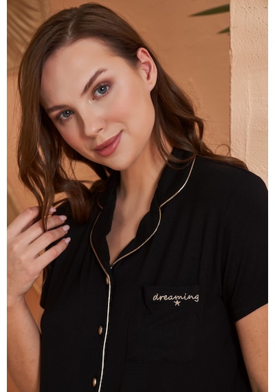 Pjs 27069 Dreaming Kadın Gold Detaylı Boydan Düğmeli Kısa Kollu Pijama Takım Siyah