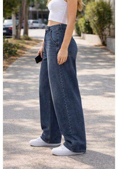 Cedy Denim Cedy Denım Yüksek Kalite Kadın Yüksek Bel Baggy Skater Jean Koyu Mavi