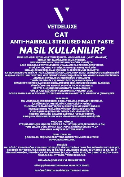 Vetdeluxe Sterilised Malte Paste Kısırlaştırılmış Kedi İçin Tüy Yumağı Önleyici Malt 100 G