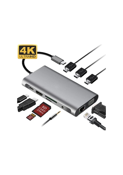 Ally 10 İn 1 Hdmı Vga Rj45 Pd Usb 3.0 Hub Adaptör Çoklayıcı- 5775 Gri