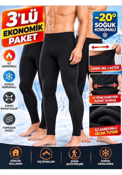 Qulat 3 Lü Ekonomik Paket Erkek Termal Tayt İçlik İçi Şardonlu, Sıcak Tutan, Esnek Kışlık Termal Alt Siyah