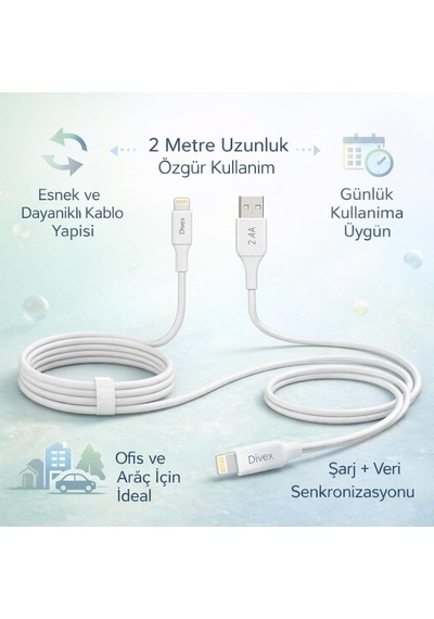 2 Metre Lightning Uyumlu Şarj Ve Veri Kablosu 2.4a Hızlı Şarj, Dayanıklı Kablo Yapısı, Akıllı Koruma, Gün Diğer
