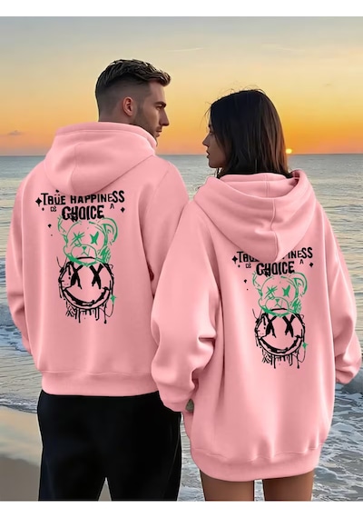 Nevermind Sevgili Çift Kombini 2 Li True Happiness Baskılı Unisex Sweatshir Pembe