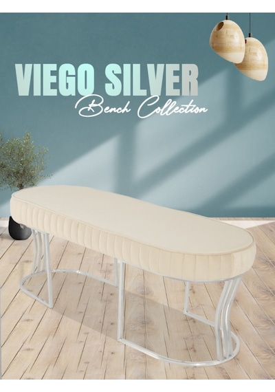 Viego Silver Striped- Krem Kapitoneli Chester Model Puf & Bench & Koltuk & Uzun Makyaj Puff & Yatak Ucu &önü