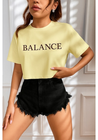 Kadın Tişört Crop Tişört Baskılı Fit Tişört Balance-tişört Bej