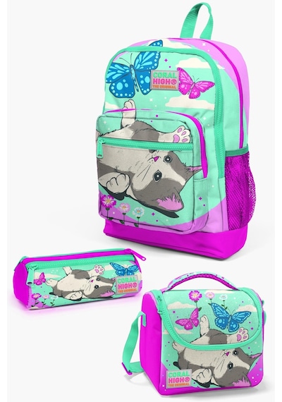 Coral High Kids Su Yeşili Pembe Kedi Desenli 3 Lü Okul Çanta Seti Set0123707