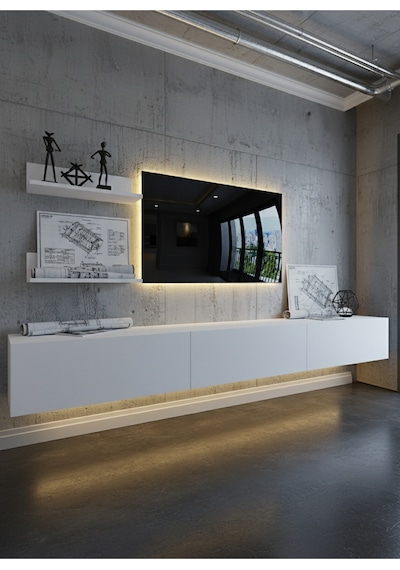 Resital Ledli Duvara Monte Tv Sehpası - Beyaz - W6022-1 Beyaz