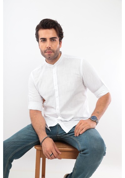 Hakim Yaka Slim Fit Keten Hediye Kutulu Erkek Gömlek Fs-003042 - Beyaz-2196