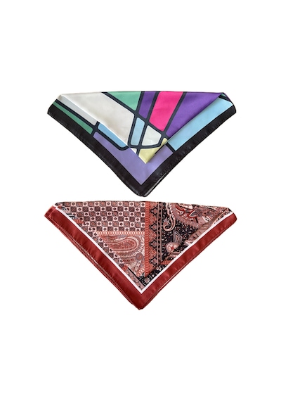 2 Li Saten Bandana Seti Saten Fular Saten Çanta Aksesuarı Özel Desen Bandana 45x50 Cm Gri - Lacivert